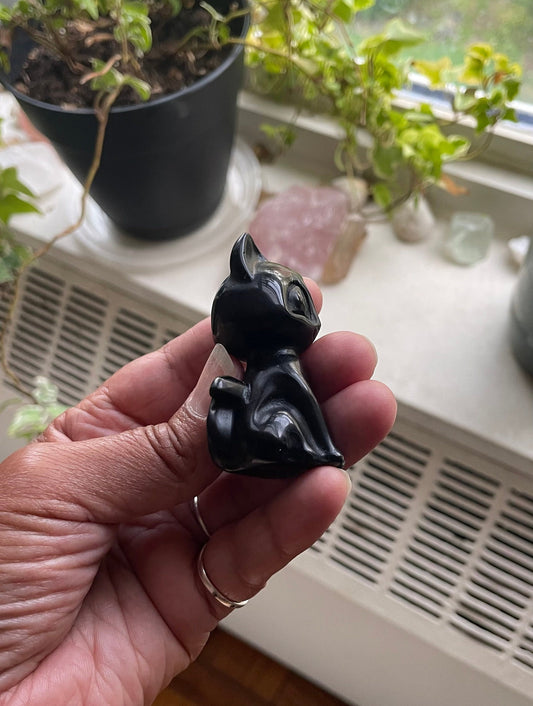 Black Obsidian Luna Cat Carving