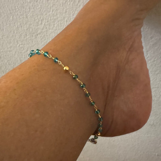 Elegant Teal Glass Beaded Anklet with Gold Wire Wrapping
