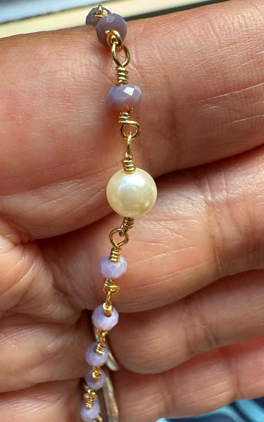 Elegant Faux Pearl & Lavender Beaded Anklet