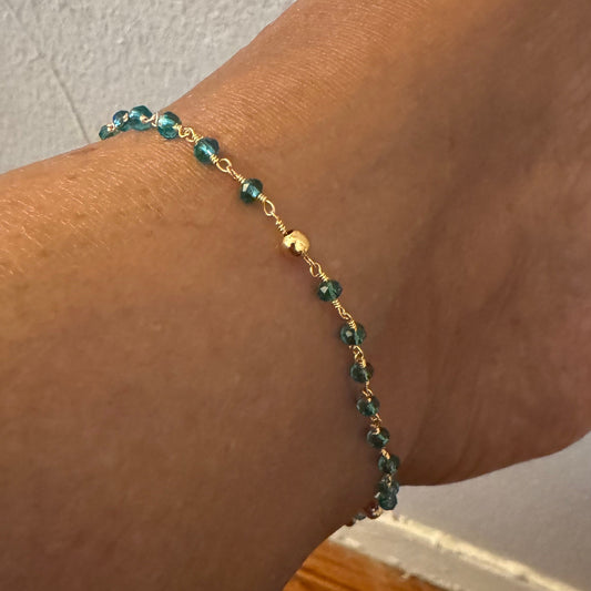 Elegant Teal Glass Beaded Anklet with Gold Wire Wrapping