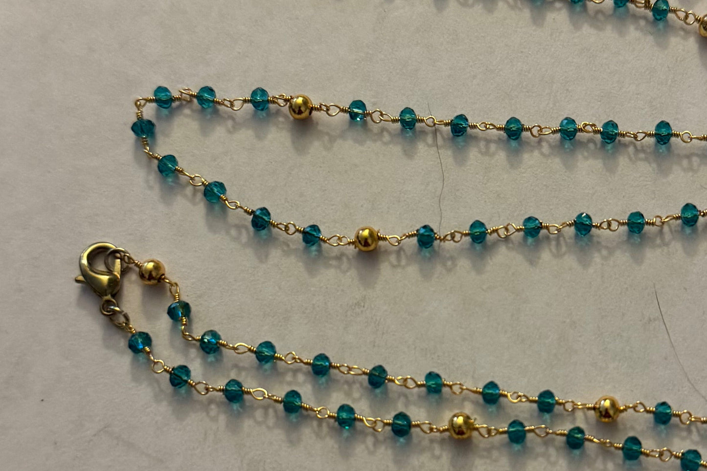 Elegant Teal Glass Beaded Anklet with Gold Wire Wrapping