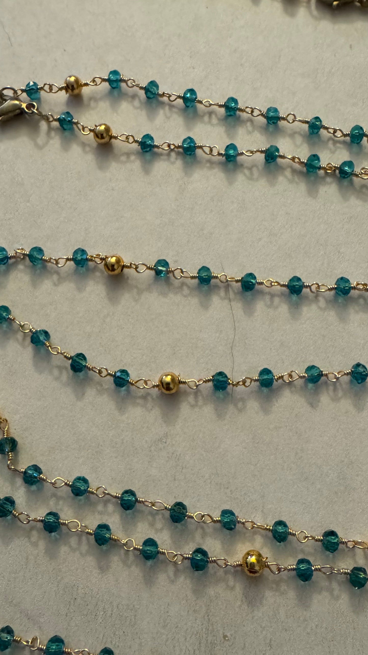 Elegant Teal Glass Beaded Anklet with Gold Wire Wrapping