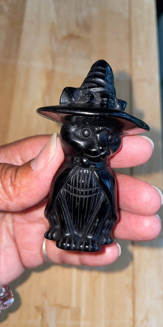 Obsidian Witch Cat Carving – Magical Guardian Figurine